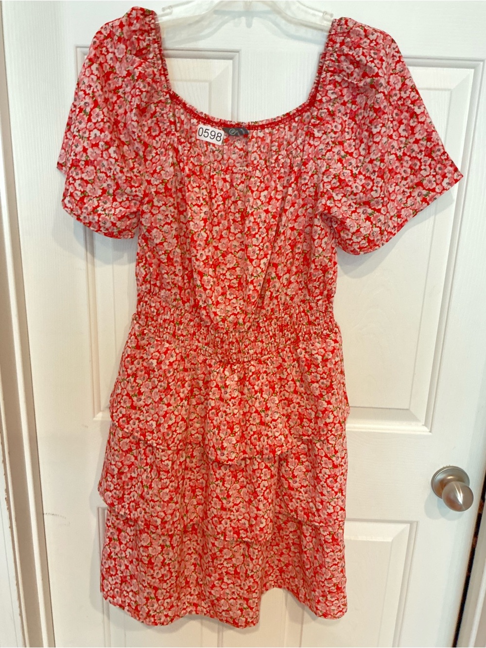 Smocked Red Floral Mini Dress with Puff Sleeves